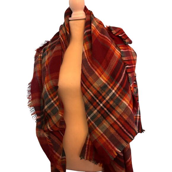 Altar'd State Plaid Blanket Scarf, Red Orange Fringe Wrap - Picture 1 of 2